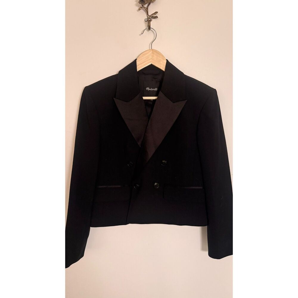 Madewell Black Satin Lapel Double Breasted Cropped Tuxedo Blazer Jacket 2